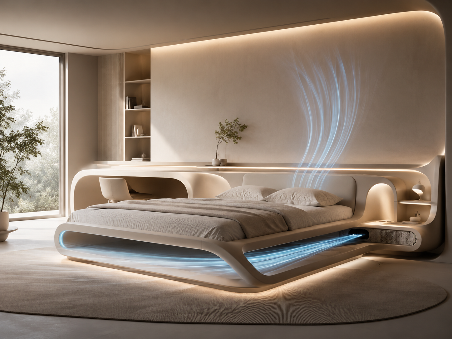 PASSAIR® Air-Aware bed and integrated furniture shaped around passive airflow movement.
