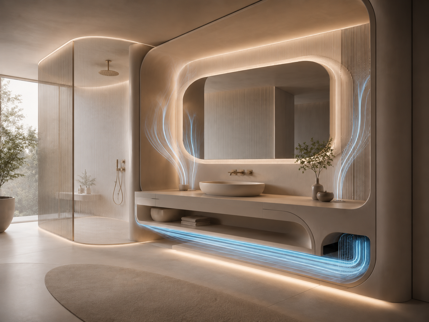 PASSAIR® Air-Aware washroom interior with passive airflow geometry around the vanity and shower.